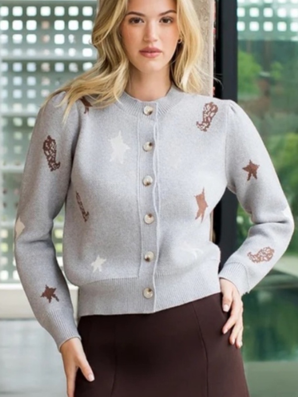 NWT Knit Cardigan BoHo Western Horse Equestrian Boots Stars Gray Brown Cream XL - Picture 2 of 16
